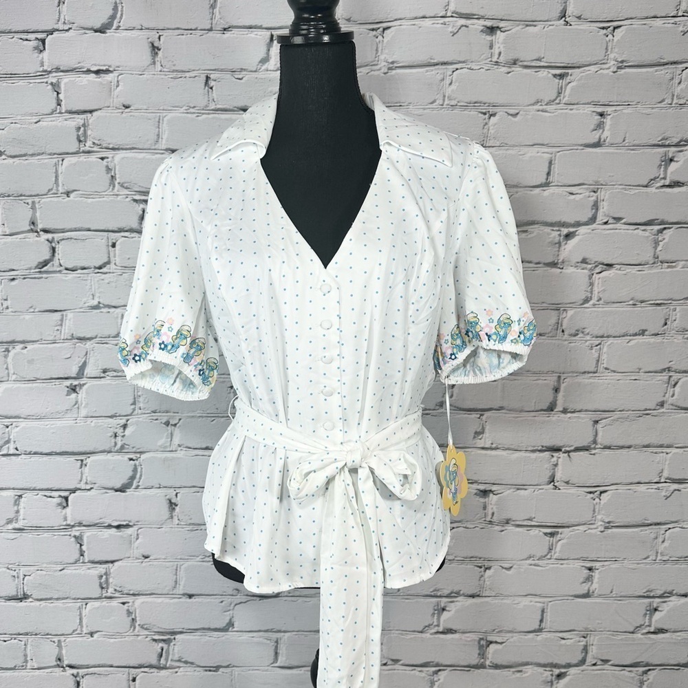 Unique Vintage x The Smurfs NEW Retro Polka Dot Blouse Top 1X/16 White Kidcore